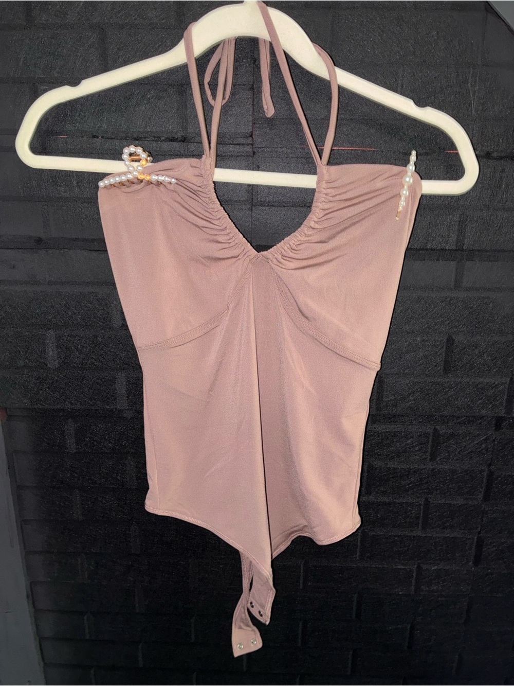 Abercrombie & Fitch Mauve Halter Bodysuit with Pearl Strap Detail